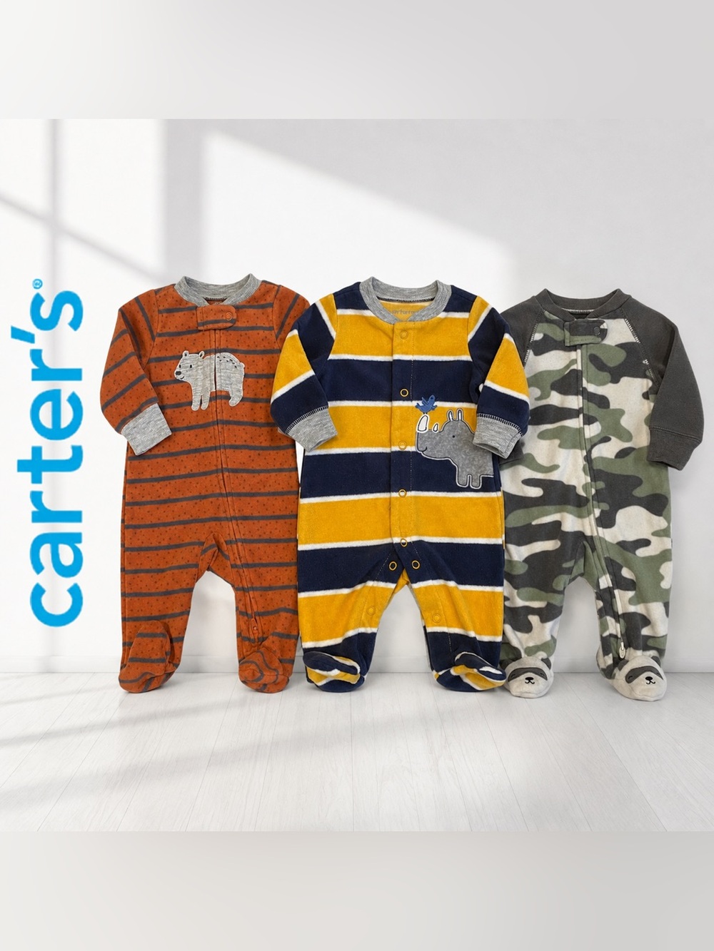 Carter’s Baby Boy Newborn 0M Fleece Footed Pajamas 3-Piece Lot Rhino Bear Camo